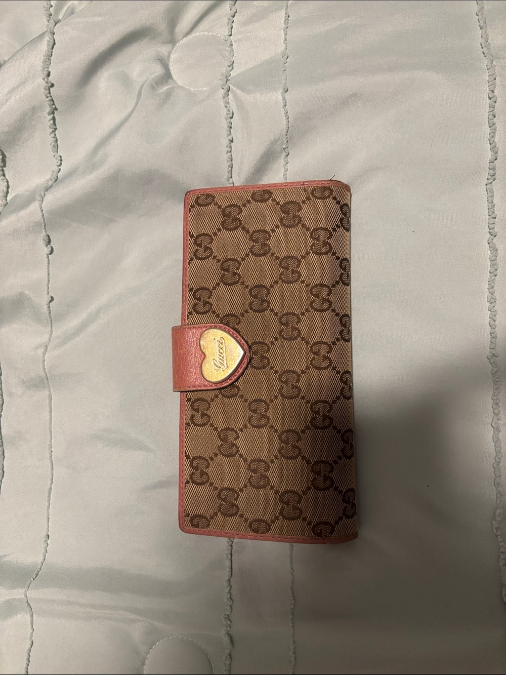 Gucci Brown Monogram Continental Wallet with Pink Trim and Gold Heart Plaque - Picture 1 of 12